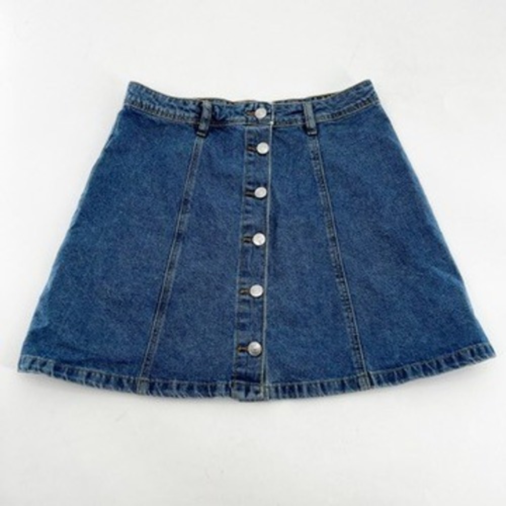 H&M Divided Blue Denim Button‎ Front A-Line Mini Skirt Womens Size 6 Medium Wash
